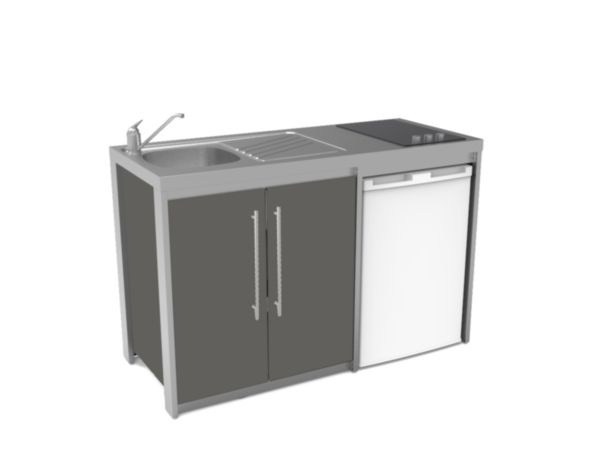 Meuble bas cuisinette METALLINE 140 cm  2 portes  avec niche   pour réfrigérateur 55 cm, Coloris Aluminum
