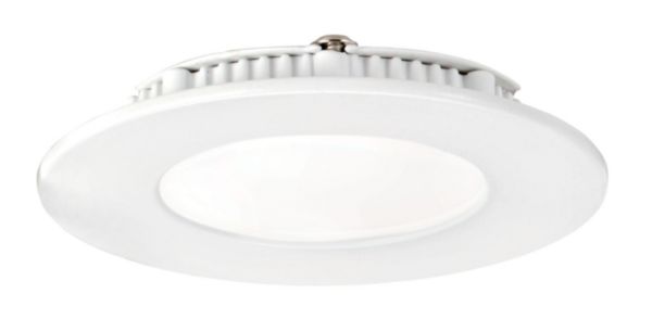 Encastré faible épaisseur, rond Ø85mm, fixe, blanc, 110°, LED intégrée 5,7W 4000K 550 lm, 35000h. Alimentation LED CC 150mA fournie, séparée. Réf. 50359