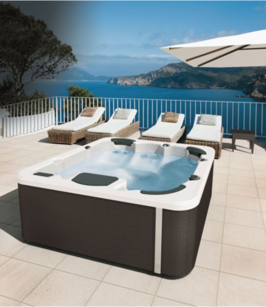 Happy spa 5 places avec coque blanche, tablier rattan, couverture thermique, chromothérapie inclus réf. SH4A23R17AXXXXXX