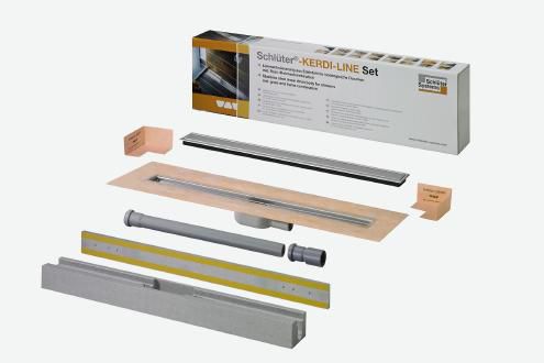 Kit KERDI LINE caniveau en acier inox V4A évacuation horizontale (DN40) Grille Design A avec cadre de 19 mm longueur 80cm réf. KLA19EB80S1