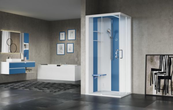 Cabine de douche droite avec hammam Skill 2A 160x97 en verre transparent blanc doux bandeaux et siège blanc gris (receveur bas) réf. SKI2A160DT5-1UN1
