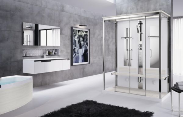 Cabine de douche droite avec hammam Skill 2A 160x97 en verre transparent blanc doux bandeaux et siège blanc doux (receveur bas) réf. SKI2A160DT5-1UU