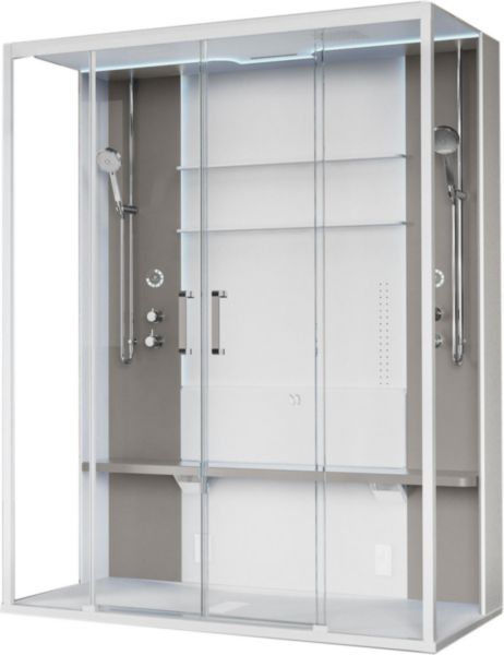 Cabine de douche avec hammam Skill 2A 160x97 en verre transparent blanc doux bandeaux et siège perla (receveur bas) réf. SKI2A160T5-1UN3