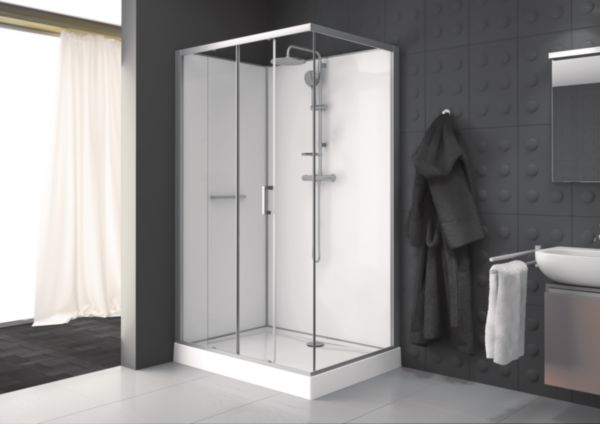 Cabine rectangle KARA 120 X 80 cm, porte coulissante 2 vantaux, accès de face, verre transparent AVANTAGE, fond blanc réf. L11KA8R0801