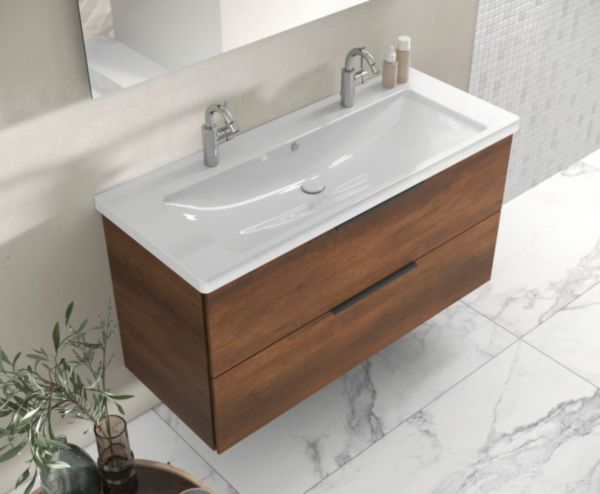 Plan de toilette en céramique : 2 trous de robinetterie, profondeur de la vasque: 130 mm, dimensions de la vasque 970x340 mm, avec système d'évacuation compris, siphon gain de place inclus Réf. SFQS123C0001
