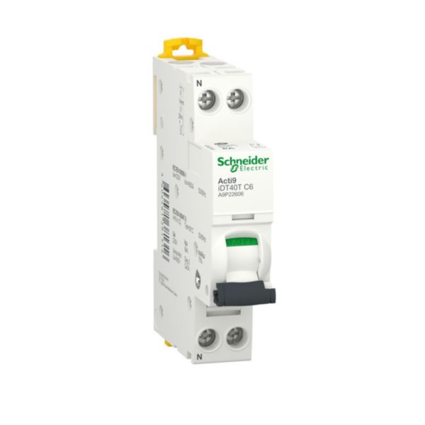 Disjoncteur miniature Acti9 iDT40T - 1P+N - 6 A - courbe C - 4500 A / 6 kA - 230 V CA - 2 modules (18 mm) Réf. A9P22606