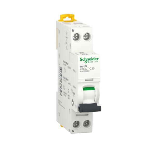 Image principale de Acti9 iDT40T - disjoncteur modulaire - 1P+N - 20A - courbe C - 4500A Icn conformément à EN 60898 - 230 V AC 50/60 Hz / 6kA Icu conformément à EN/IEC 60947-2 - 230..240V AC 50/60 Hz - Rail DIN - NF - largeur 2 pas de 9mm Réf. A9P22620