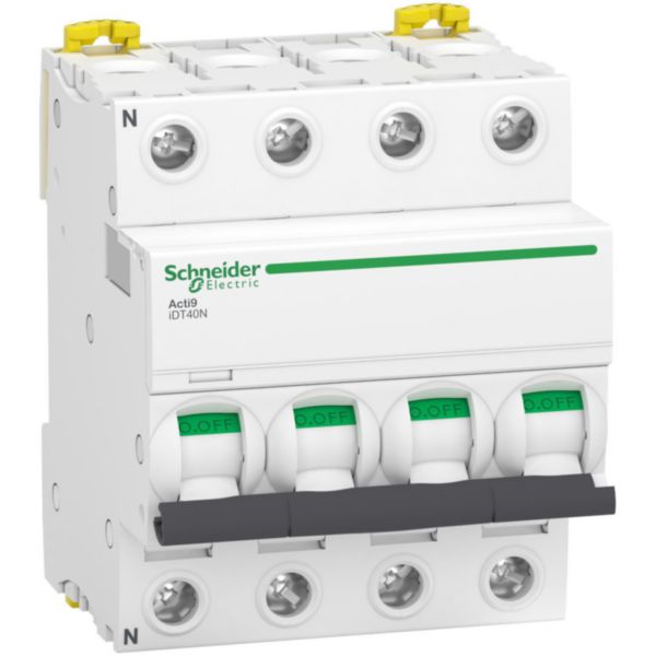Acti9 iDT40N - disjoncteur modulaire - 4P - 40A - courbe C - 6 4500A Icn conformément à EN 60898 - 400V AC 50/60 Hz / 6kA Icu conformément à EN/IEC 60947-2 - 400..415V AC 50/60 Hz - Rail DIN - NF - largeur 8 pas de 9mm Réf. A9P24440