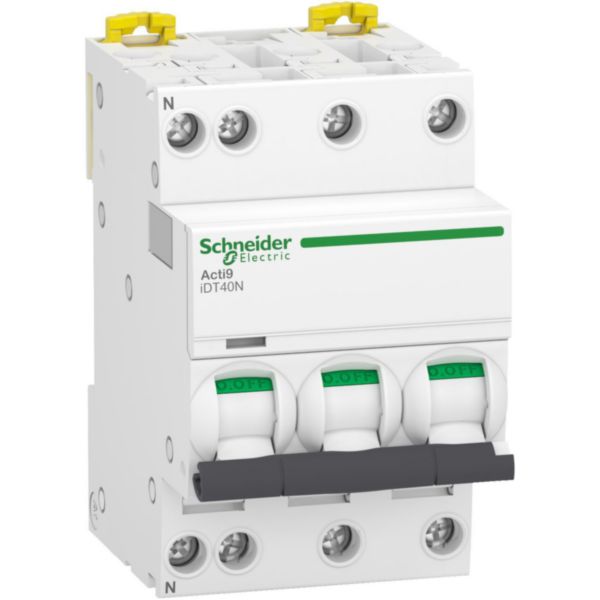 Acti9 iDT40N - disjoncteur modulaire - 3P+N D 10A 6000A/10kA 6000A Icn conformément à EN 60898 - 400V AC 50/60 Hz / 10kA Icu conformément à EN/IEC 60947-2 - 400..415V AC 50/60 Hz - Rail DIN - NF - largeur 6 pas de 9mm Réf. A9P34710