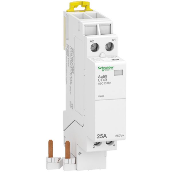 Acti9 iDT40 CT - contacteur 25A 2P - 230V avec accessoire de raccordement rapide sur disjoncteur - contacts 2NF 25A AC-7A et 8,5A AC-7B - NF selon 60947-4 - rail DIN - largeur 2 pas de 9mm Réf. A9C15187
