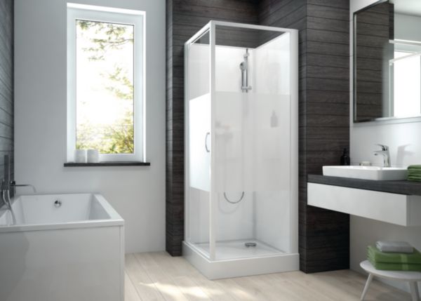 Cabine de douche IZI BOX 2 carrée 80 cm porte pivotante en verre sérigraphié Réf. L11IZBP00801
