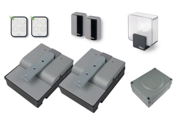 Kit X-METRO pour portails battants jusqu'à 2,3 m par vantail - 24 V - kit contenant 2 opérateurs XME2124, 2 caisses XMBOX, 2 émetteurs ON3EBD, 1 centrale MC824H avec récepteur OXIBD et 1 paire de photocellules EPMB Réf. SFAB2124BDKCE