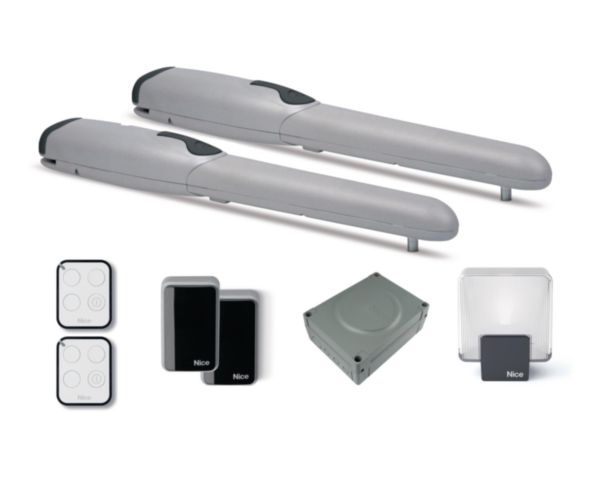 Kit vérin pour portails battants avec vantaux jusqu à 2 m - kit comprenant 2 opérateurs WG4024, 2 émetteurs ON3EBD, 1 paire de photocellules EPM, 1 centrale MC424L Réf. WINGO4024BDKCE