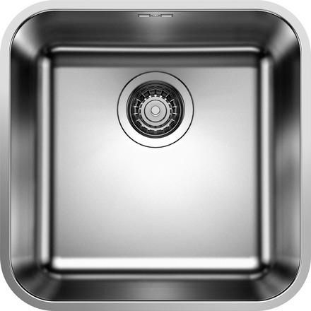 Cuve à intégrer sous plan en acier inox lisse BLANCOSUPRA 400 U 1 Cuve sans égouttoir vidage 90 mm manuel et siphon couleur finition brossée garantie à vie Réf. 518201