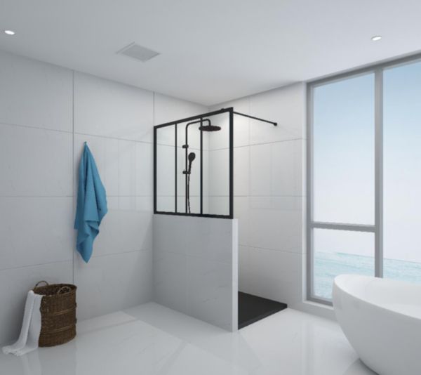 Paroi de douche Alterna Walk verrière sur muret style industriel profilé noir mat 140 cm