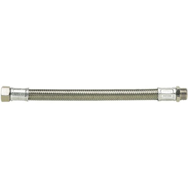 Flexible eau froide avec tresse inox AISI 304 et tube EPDM. Raccords mâle/femelle 3/4" en laiton nickelé et douille de sertissage en aluminium anodisé. Idéal pour raccordement de pompe ou réservoir. Longueur 300 mm. Pression max 10 bar.