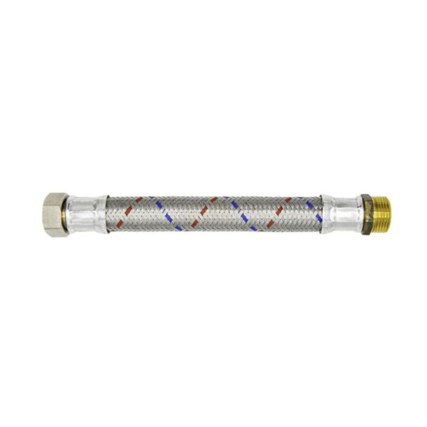 Flexible eau froide avec tresse inox AISI 304 et tube EPDM. Raccords mâle/femelle 1" en laiton nickelé et douille de sertissage en aluminium anodisé. Idéal pour raccordement de pompe ou réservoir. Longueur 1000 mm. Pression max 6 bar.