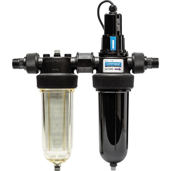Station UV CINTROPUR DUO-UV 25W couplée filtre NW25 25µ. Raccordements M/M 3/4" ou 1". Lampe 25W. Débit conseillé 1,4m³/h. Pression max 10 bar. Filtration + stérilisation UV pour eau sans micro-organismes. Certifié ACS.