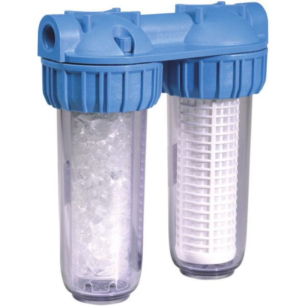 Station de filtration double DUO BX - Raccordements 3/4" F/F - Livrée avec cartouche RL10 BX et cartouche HA10 BX anti-calcaire - Pression maxi de service conseillée 4 bar - Débit conseillé 1400 L/h - Eau froide 20°C - Usage alimentaire ACS
