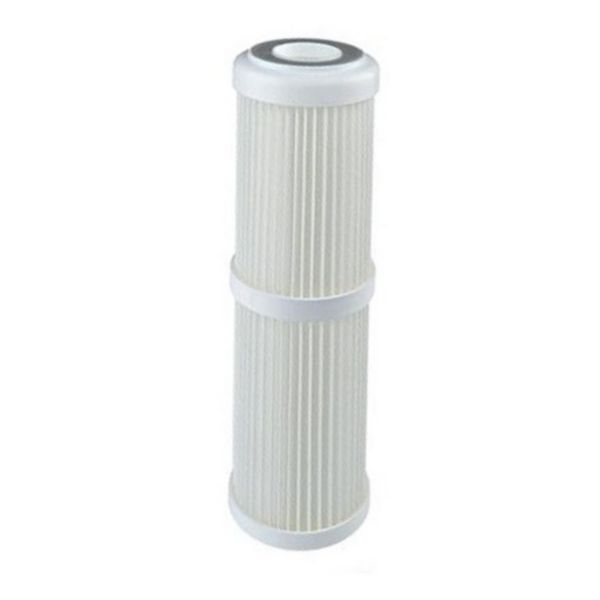 Cartouche TS10-SX-50µ pour filtre SX 10". Lavable, filtration sédiments 50 µ. Débit recommandé 2500 l/h. Température 4-45°C. Média polyester plissé grande surface, faible perte de charge. Utilisation pour eau potable interdite.