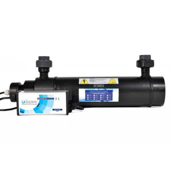 Réacteur UV GERMINEUSE 95W pour désinfection eaux usées et eau de mer. Débit 3 à 6 m³/h. Corps PEHD, DN40, 8 bar. Lampe 95 W, coffret IP68 avec alarme défaut. Idéal réutilisation eaux traitées et environnements agressifs.