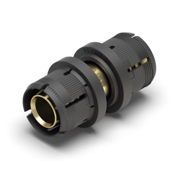 REHAU Coupleur égal FASTLOC 20 - 20<br>Matière : - Coprs du raccords : laiton <br>- Clip de maintien : POM GF<br>- Bague intérieur : PVDF