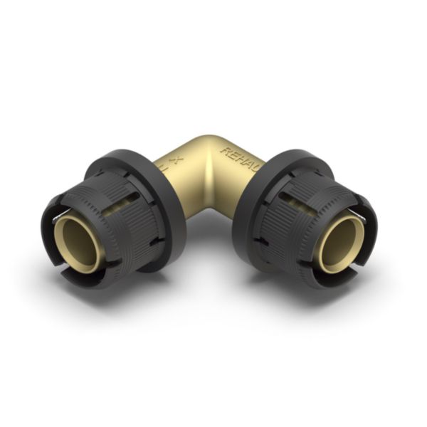 REHAU Coude 90° FASTLOC 25-25, 90°<br>Matière : - Coprs du raccords : laiton <br>- Clip de maintien : POM GF<br>- Bague intérieur : PVDF