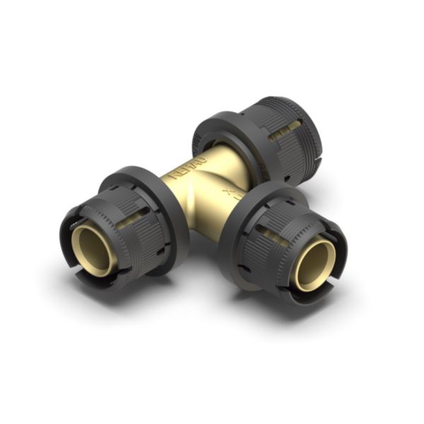 REHAU Té égal FASTLOC 20 - 20 - 20<br>Matière : - Coprs du raccords : laiton <br>- Clip de maintien : POM GF<br>- Bague intérieur : PVDF
