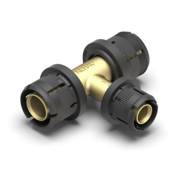 REHAU Té sortie réduite FASTLOC 40 - 20 - 40<br>Matière : - Coprs du raccords : laiton <br>- Clip de maintien : POM GF<br>- Bague intérieur : PVDF
