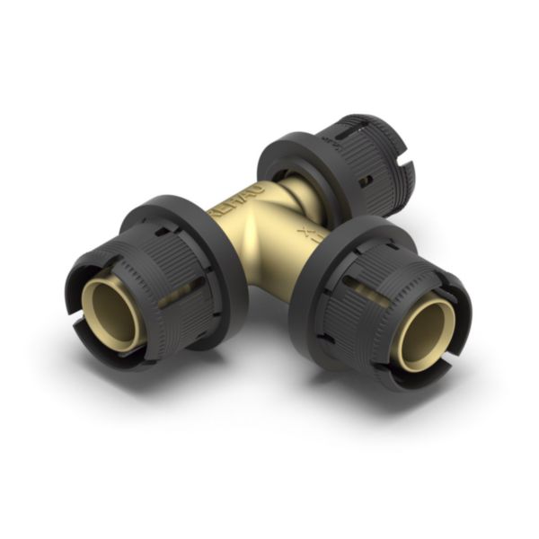 REHAU Té passage réduit FASTLOC 25 - 25 - 16<br>Matière : - Coprs du raccords : laiton <br>- Clip de maintien : POM GF<br>- Bague intérieur : PVDF