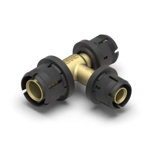 REHAU Té pass. sortie réduits FASTLOC 25 - 16 - 16<br>Matière : - Coprs du raccords : laiton <br>- Clip de maintien : POM GF<br>- Bague intérieur : PVDF
