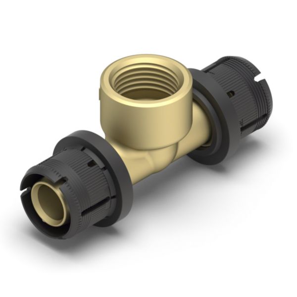 REHAU Té sortie Femelle 16 FASTLOC 16-1/2"F-16<br>Matière : - Coprs du raccords : laiton <br>- Clip de maintien : POM GF<br>- Bague intérieur : PVDF
