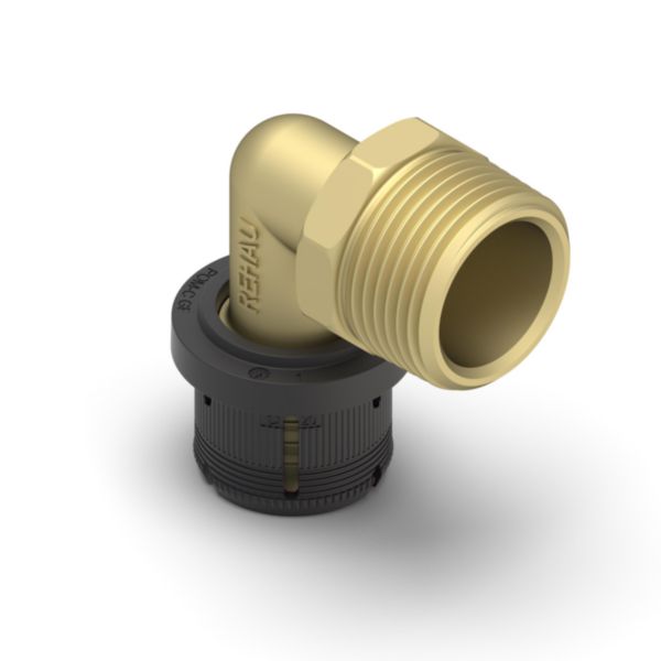 REHAU Coude 90° mâle FASTLOC 20-3/4"M<br>Matière : - Coprs du raccords : laiton <br>- Clip de maintien : POM GF<br>- Bague intérieur : PVDF