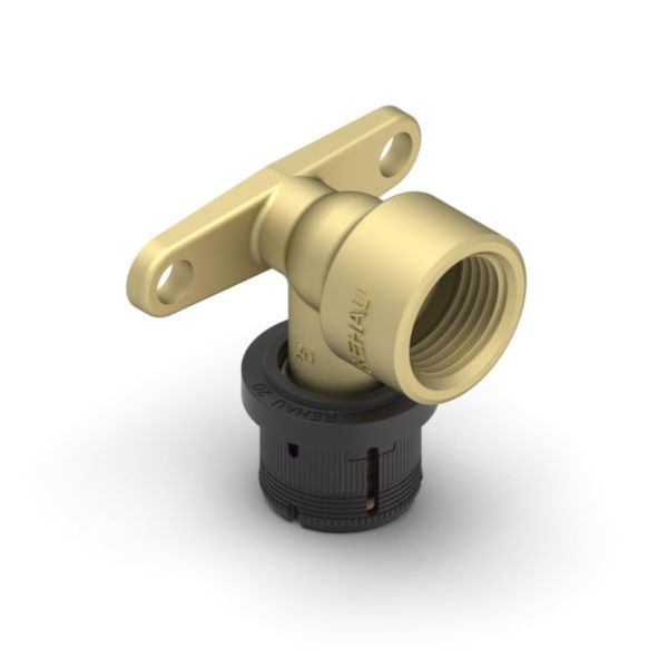 REHAU Coude mural FASTLOC 16-1/2"F, long<br>Matière : - Coprs du raccords : laiton <br>- Clip de maintien : POM GF<br>- Bague intérieur : PVDF