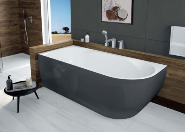Baignoire monobloc en acrylique sanitaire SELENA asymétrique 180x80 cm, installation à gauche, tablier gris ardoise, avec remplissage par le trop-plein chromé
