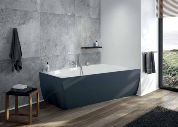 Baignoire en acrylique sanitaire ISENSI monobloc trapèze version droite 170x100 cm, blanc tablier gris, remplissage par le trop plein blanc