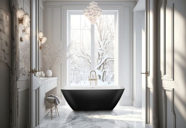 Baignoire HOESCH en béton minéral LASENIA 180x80 cm, autonome basse bicolore finition blanc brillant tablier noir