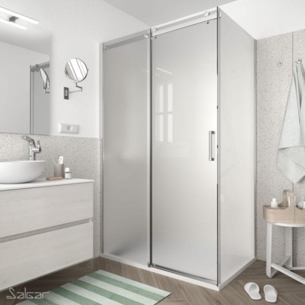 Paroi de douche Série: HELSINKY Couleur profil: Argent Brillant dimensions mm: L800 H1950 Épaisseur du verre: 6 Verre: Satiné Traitement antical Sur mesure Réf. 95338 SALGAR