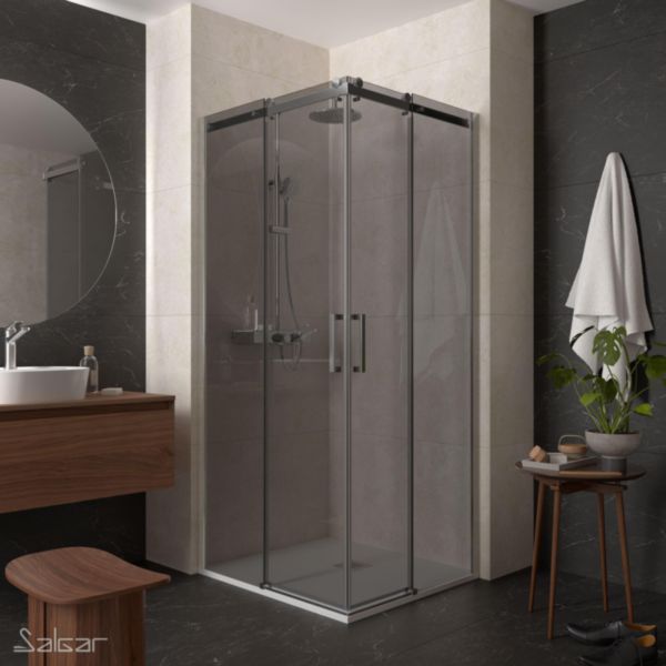 Paroi de douche Avec Portes coulissantes D'angle Série: HELSINKY Couleur profil: Argent Brillant 2 fixes + 2 portes (AC4) dimensions mm: L1400 H1950 Épaisseur du verre: 80 Verre: Fumé Traitement antical Sur mesure Réf. 95408 SALGAR