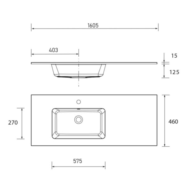 Plan vasque Charge minérale VILNA 1600 droite dimensions mm: largeur 1600 x profondeur 450 Réf. 97055 SALGAR
