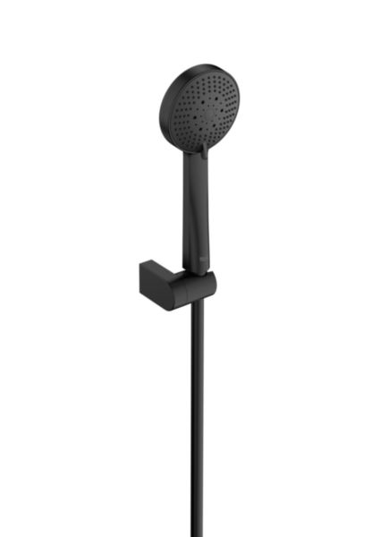 Stella 100/3 set composé d'une douchette stella ø100 support articulé et d'un flexible pvc satiné de 1,70m la douchette est équipée de 3 fonctions : rain tonic et pulse débit 8 l/min noir mat