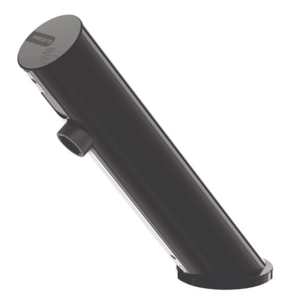 Robinet de lavabo mitigeur sur plage PRESTO LINEA® . Déclenchement électronique sans contact. Débit 3l/min. Alimentation secteur 230V avec transfo. Raccordement F3/8" Finition NOIR POLI. Livré avec robinets d'arrêt