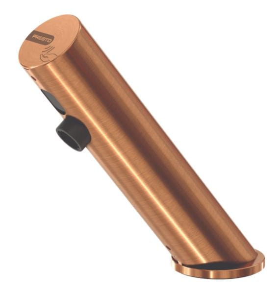 Robinet de lavabo simple sur plage PRESTO LINEA® . Déclenchement électronique sans contact. Débit 3l/min. Alimentation Piles 6V. Raccordement F3/8" Finition OR BROSSE. Livré avec robinets d'arrêt
