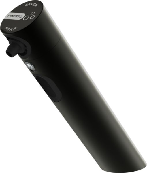 Distributeur de savon mousse ou savon liquide sur plage 1l pour lavabo PRESTO LINEA®. Distributeur de savon sans contact avec Alimentation secteur 230V/6Vavec transformateur à brancher sur prise. Finition NOIR MAT.