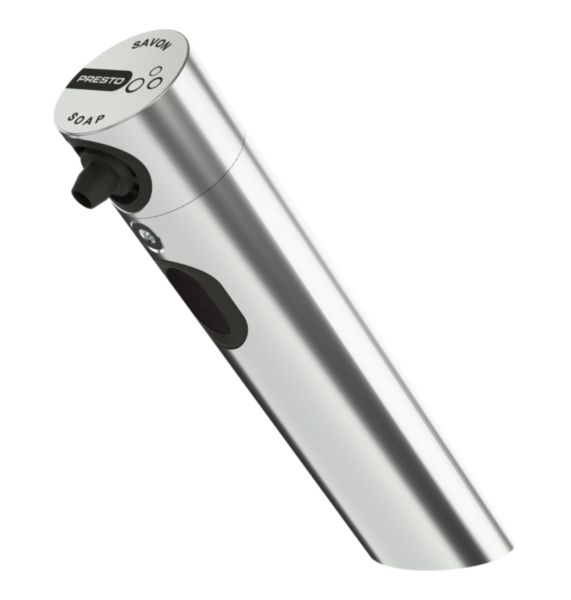 Distributeur de savon mousse ou savon liquide sur plage 1l pour lavabo PRESTO LINEA®. Distributeur de savon sans contact avec Alimentation secteur 230V/6Vavec transformateur à brancher sur prise. Finition INOX BROSSE.