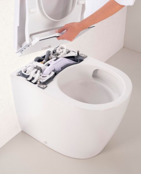 Avant cuvette de wc au sol rimless vortex avec réservoir (3/4,5 l) intégré in-tank® avec réservoir alimentation hydraulique interne et abattant double frein de chute émail supraglaze® sans électricité blanc