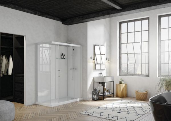 Cabine Brooklyn, 160x80, porte coulissante, profilé gris clair, verre transparent, robinetterie thermostatique