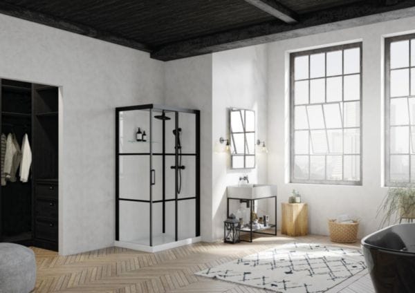 Cabine Brooklyn, factory 110x80, porte coulissante, profilé gris noir grainé, verre sérigraphié 2 bandes noires, robinetterie thermostatique