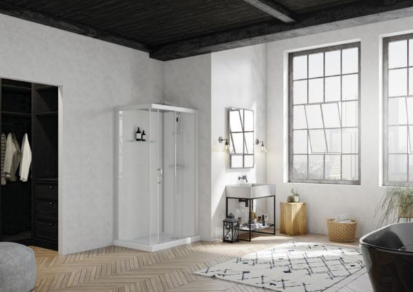 Cabine Brooklyn, 120x90, porte coulissante, profilé gris clair, verre transparent, robinetterie thermostatique