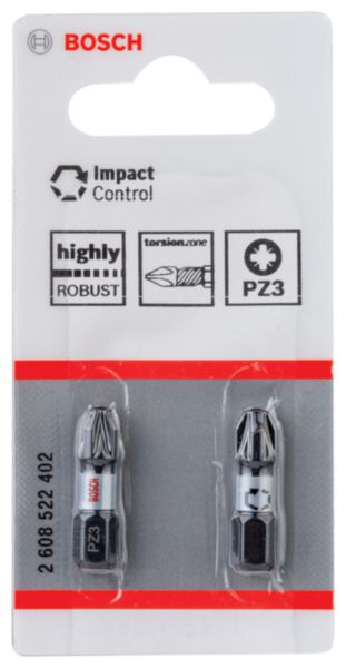 Embout PRO Pozidriv Impact, PZ3, 25 mm, 2 pièces  Jusqu'à 50 fois plus robuste qu'un embout Extra Hard Bosch 2607001528